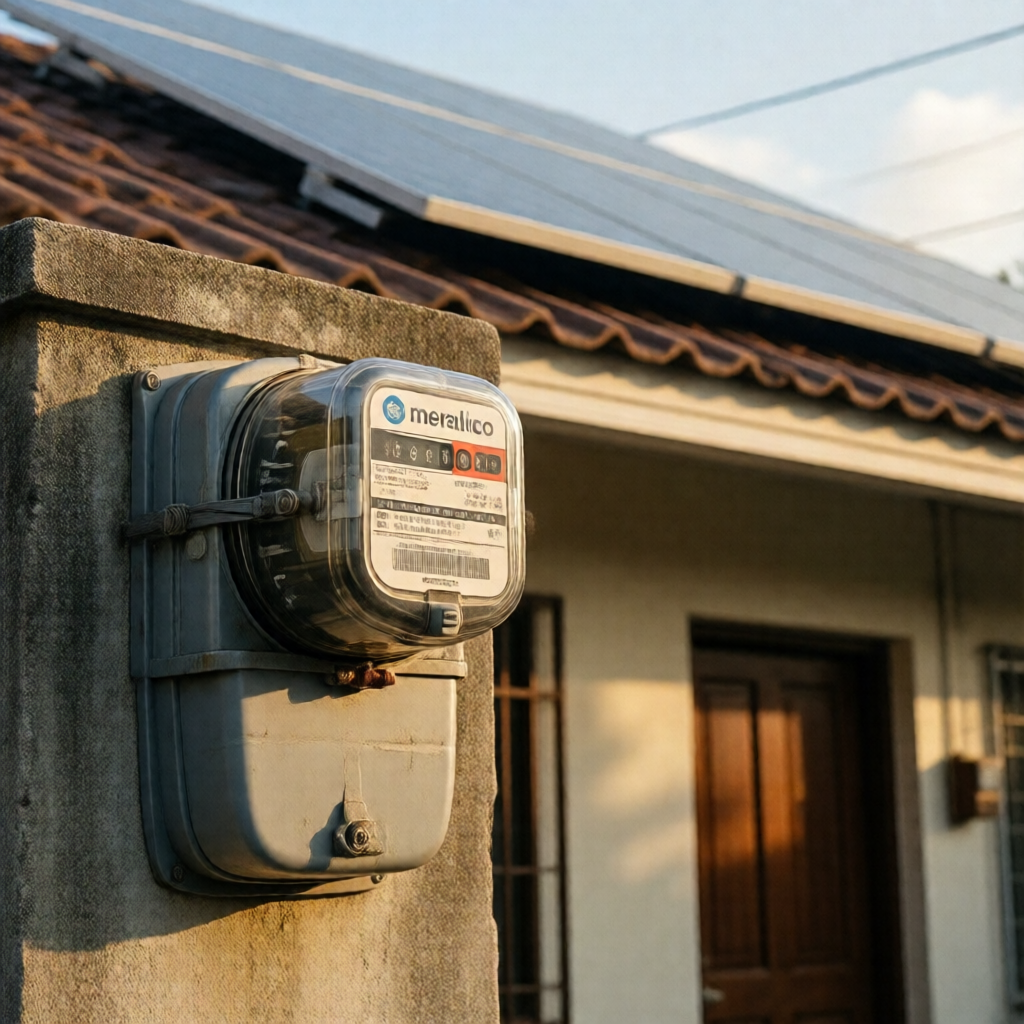 Close-up editorial shot of a Meralco electricity meter mounted on a concrete wall beside a Philippine home, solar panel