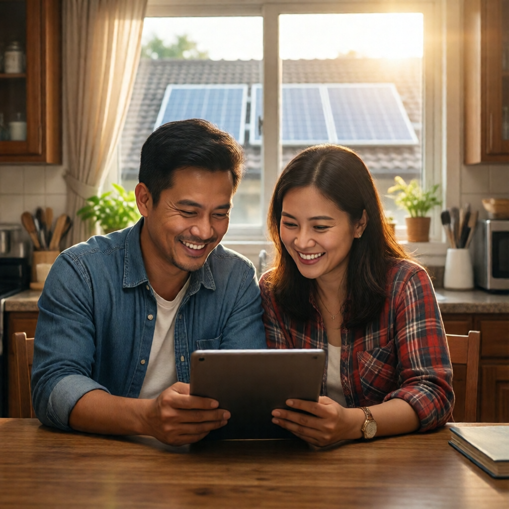 Filipino couple in their mid-30s smiling while reviewing electricity savings on a tablet at their kitchen table, warm ho