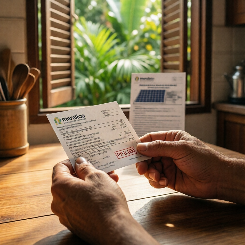 Weathered hands holding a Meralco electricity bill stamped PHP 8,000 on a sunlit kitchen table; in the soft background,