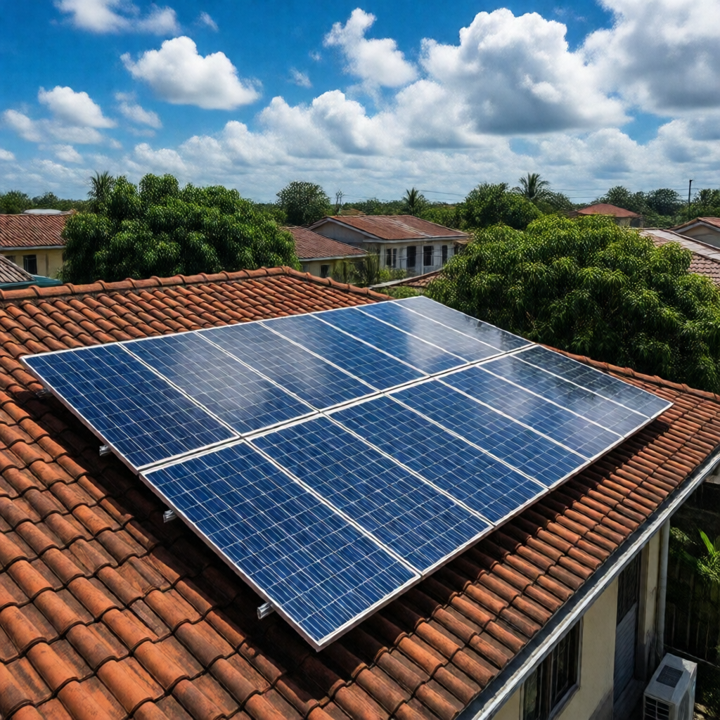 Aerial shot of monocrystalline solar panels gleaming on a terracotta-tiled rooftop in a Philippine subdivision; deep blu