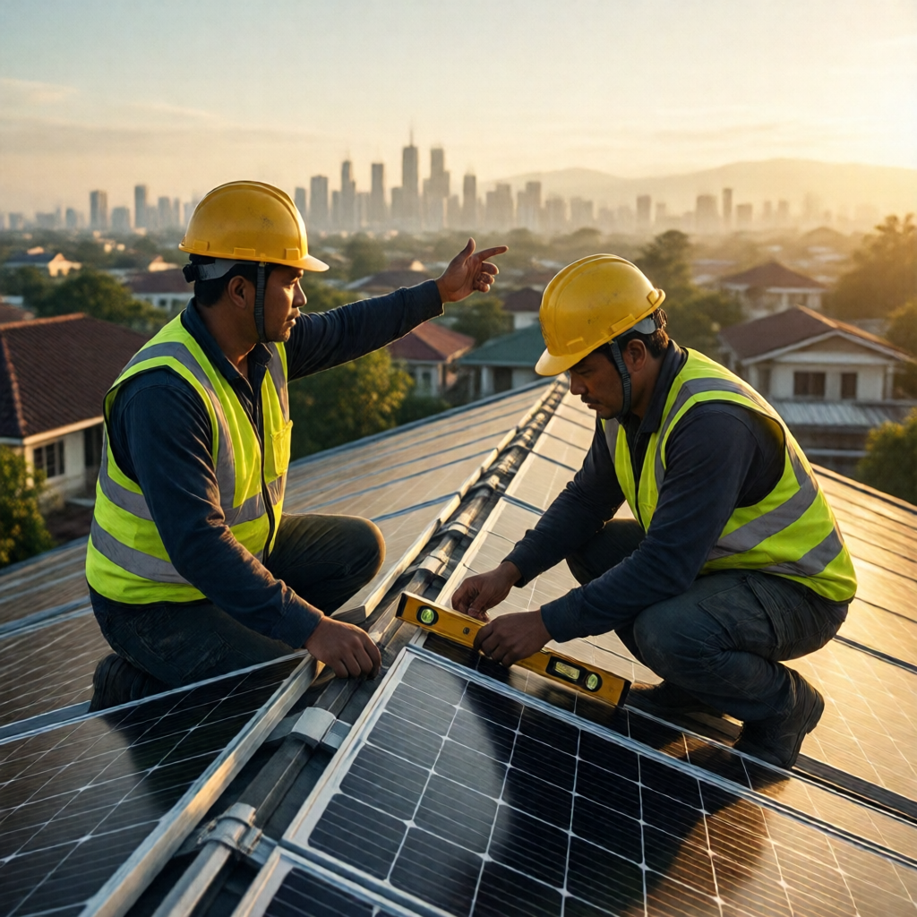 Two Filipino solar technicians in high-visibility yellow vests and hard hats securing the final panel bracket on a resid