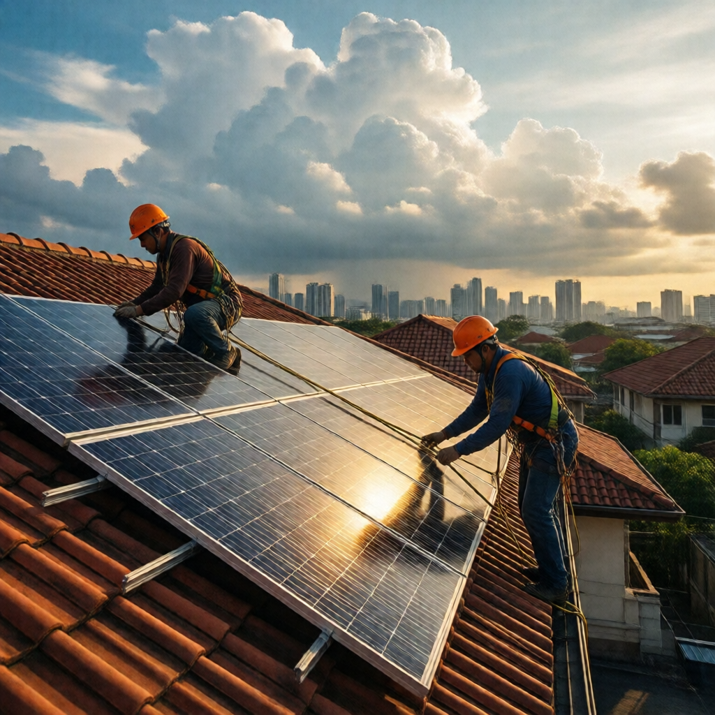 Wide-angle editorial shot of two Filipino solar technicians in orange hard hats securing monocrystalline panels onto a t