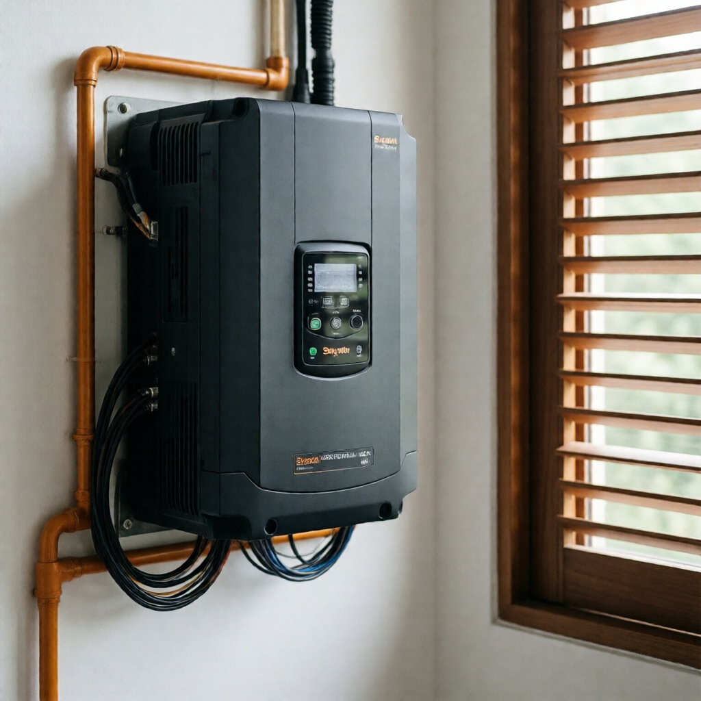 Product-editorial close-up of a matte-black Sungrow hybrid inverter flush-mounted on a white interior wall inside a Phil