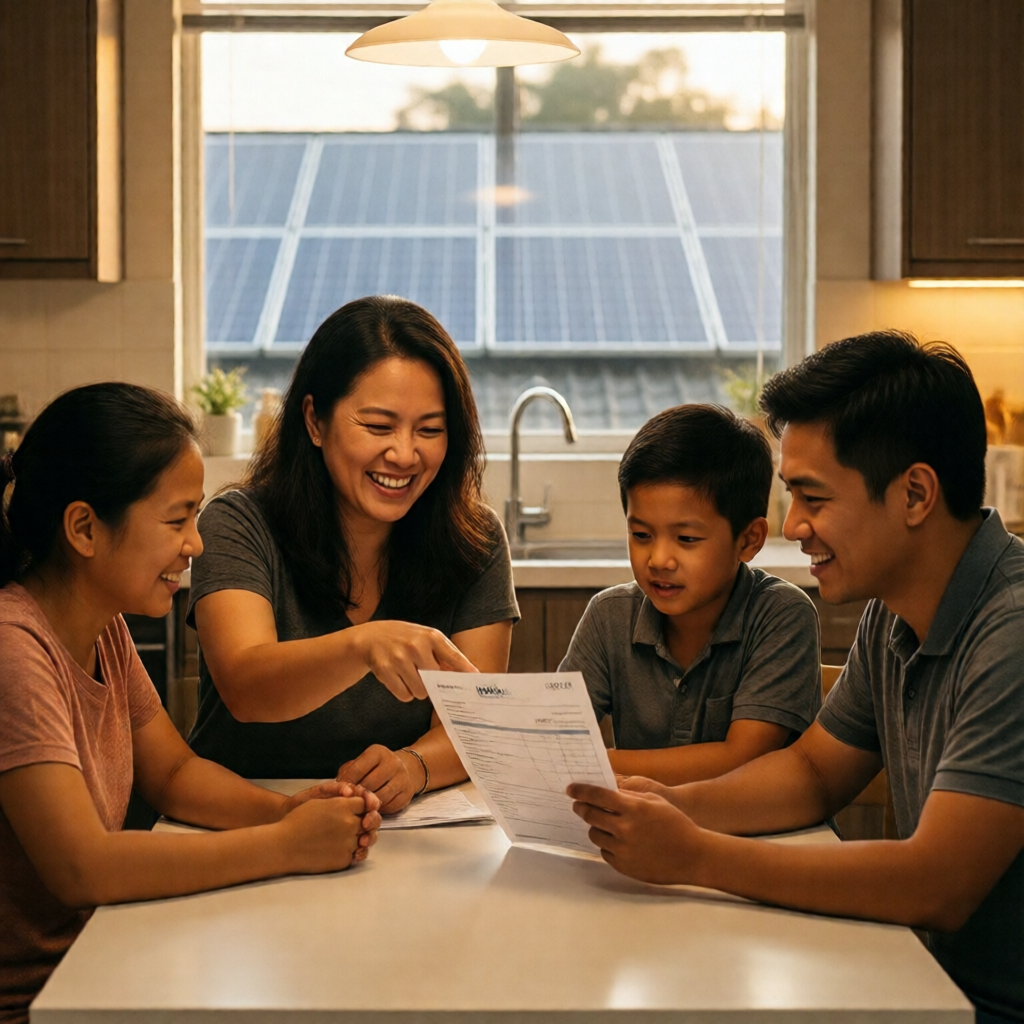 Candid lifestyle editorial of a Filipino family of four gathered around a bright kitchen table reviewing a Meralco billi