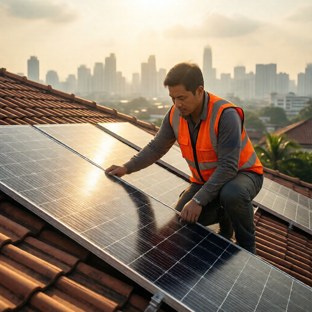 A DOE-accredited Filipino solar installer in a bright orange safety vest carefully positions monocrystalline panels on a