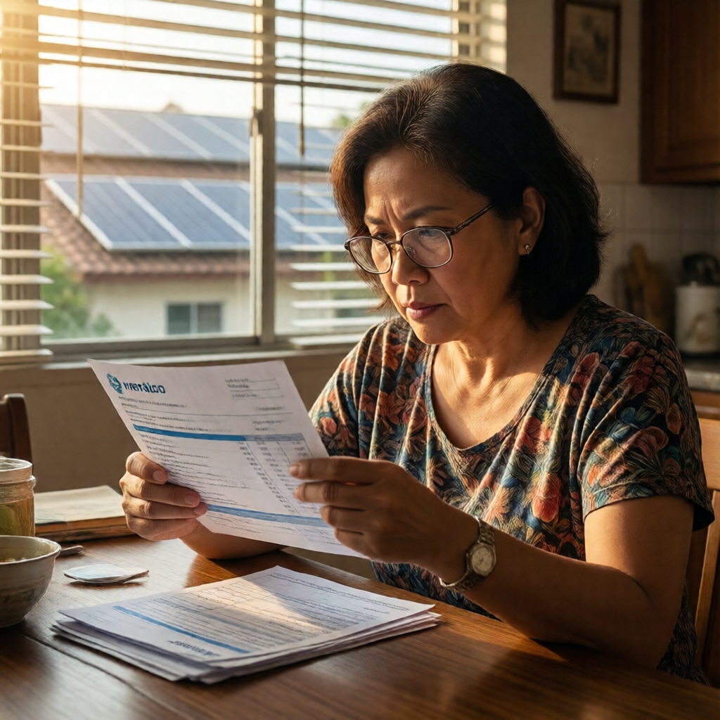 A Filipino homeowner in her mid-40s, reading glasses perched on her nose, studying a dramatically reduced Meralco electr
