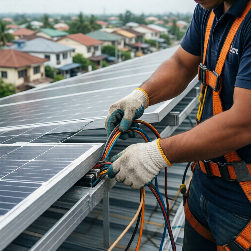 Close-up of a DOE-accredited Filipino solar technician's gloved hands connecting wiring on a freshly completed rooftop s