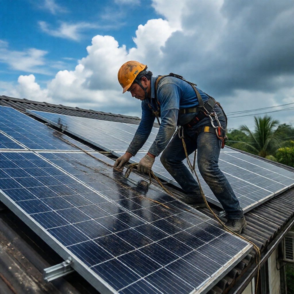 Filipino solar installer in safety harness inspecting rooftop solar panels on a Philippine home after a typhoon, tropica