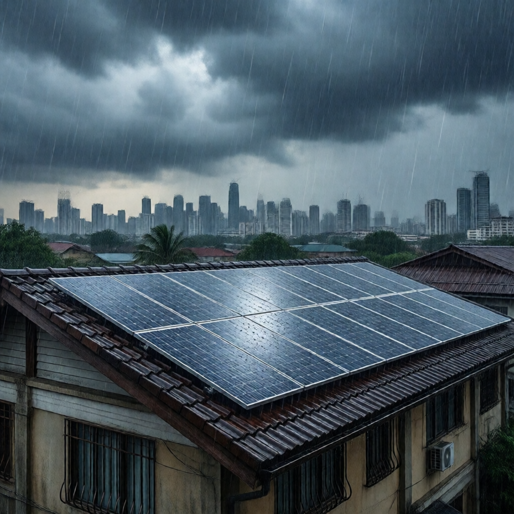 Rooftop solar panels on a Filipino home during heavy tropical rainfall, dark storm clouds rolling over a Metro Manila sk
