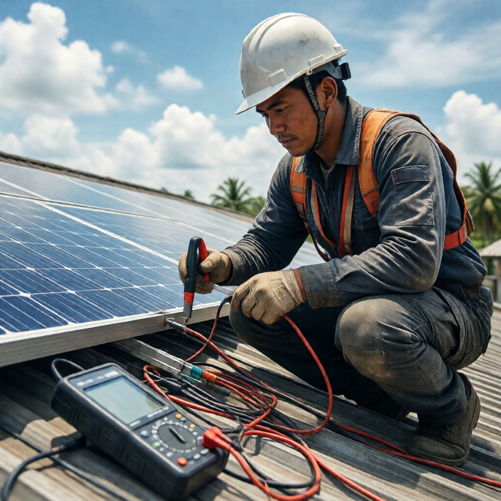 Filipino solar technician in hard hat and safety gear using a clamp meter to test solar panel wiring on a sunny tropical