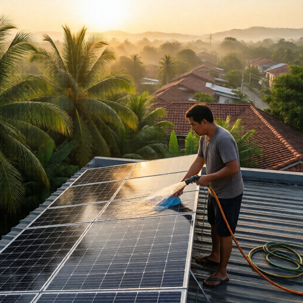Wide-angle editorial photograph of a Filipino homeowner on a sun-drenched residential rooftop, hand-washing monocrystall