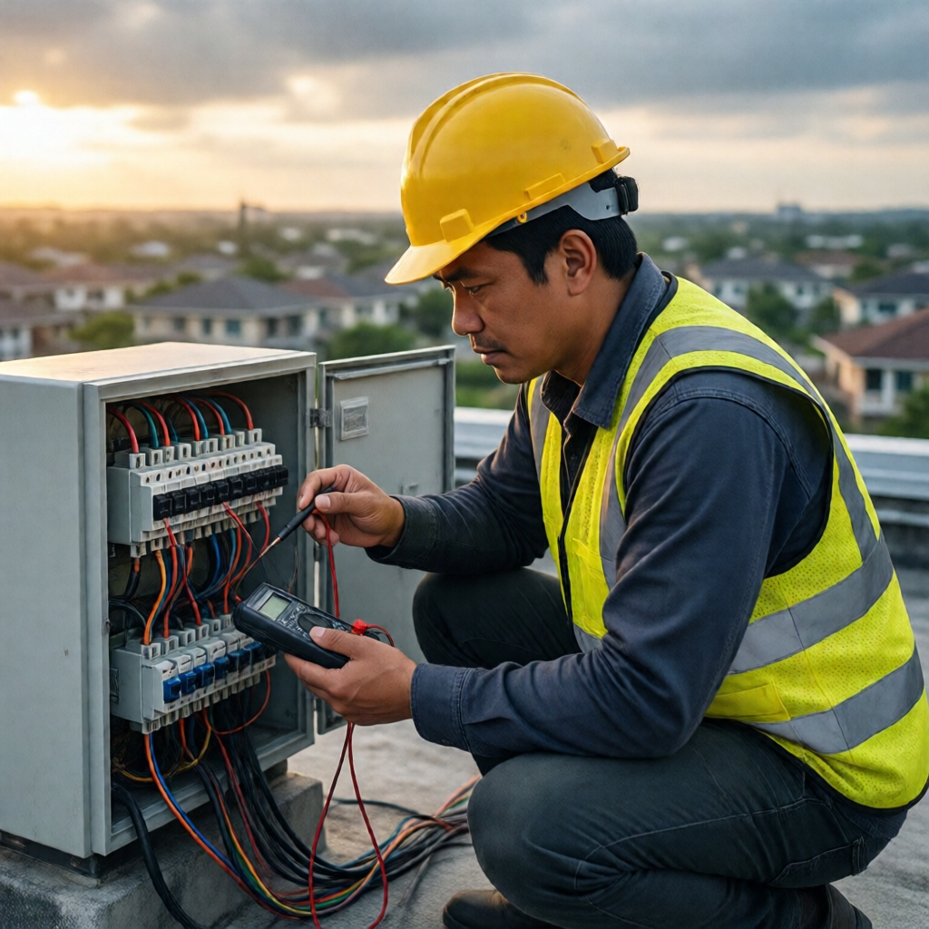 Editorial close-up of a licensed Filipino solar technician in a yellow safety vest and hard hat crouching beside a rooft