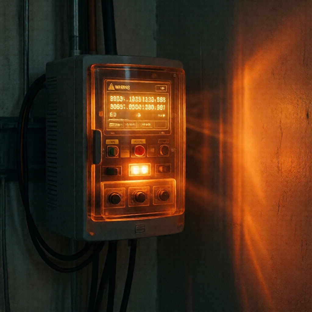 Dramatic close-up of a residential solar inverter display glowing amber with an error fault code in a dimly lit utility