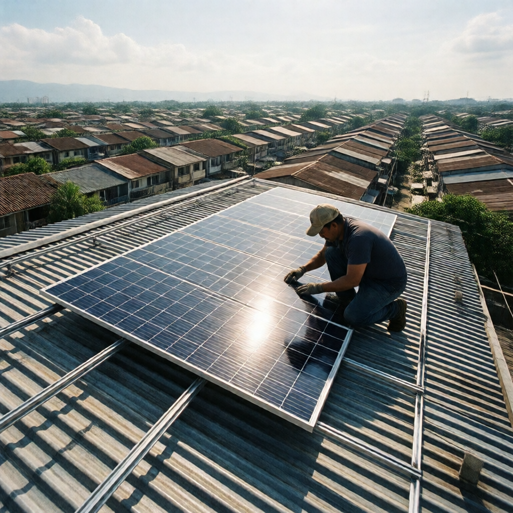 Wide-angle editorial photograph of a Filipino solar installer securing the final monocrystalline panel on a residential