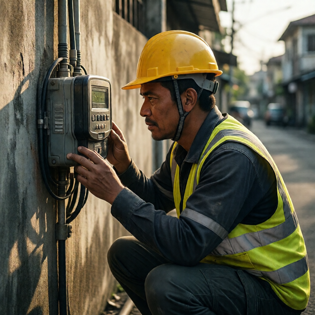 Editorial close-up of a Meralco technician in a yellow safety vest and hard hat crouching to examine a compact bidirecti