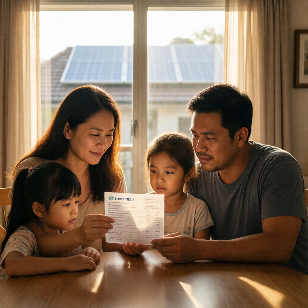 Filipino family of four gathered at a sunlit kitchen table, mother holding a Meralco electricity bill with a near-zero b