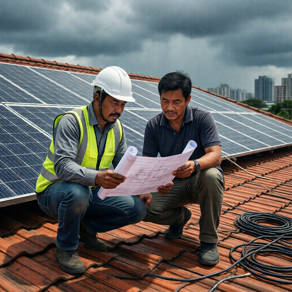 A DOE-accredited solar installer in a hard hat and hi-vis vest crouches beside a Filipino homeowner on a sun-drenched Me
