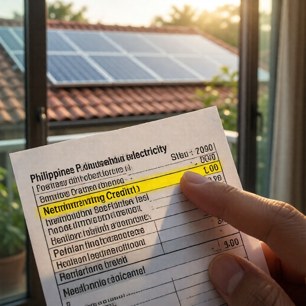 Extreme close-up of a Philippine household electricity bill, a finger tracing a net metering credit line item highlighte