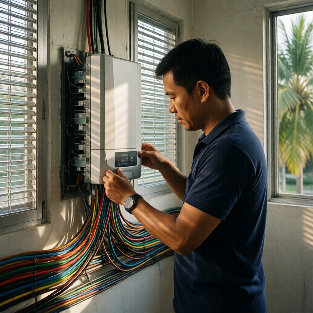 A Filipino solar technician in a navy polo shirt carefully fastening a sleek white hybrid inverter to a freshly plastere