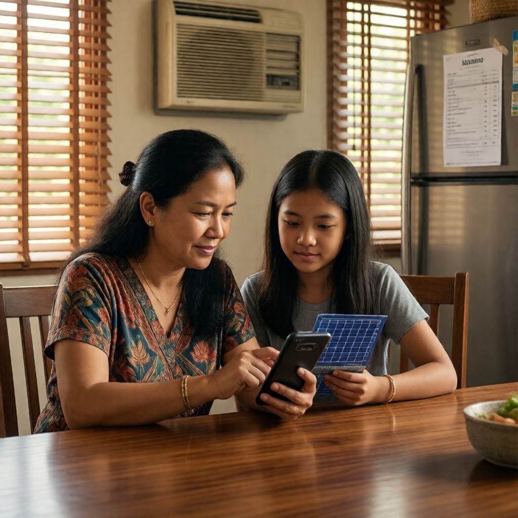 A Filipino mother and teenage daughter seated at a narra dining table, reviewing a solar monitoring dashboard on a Samsu