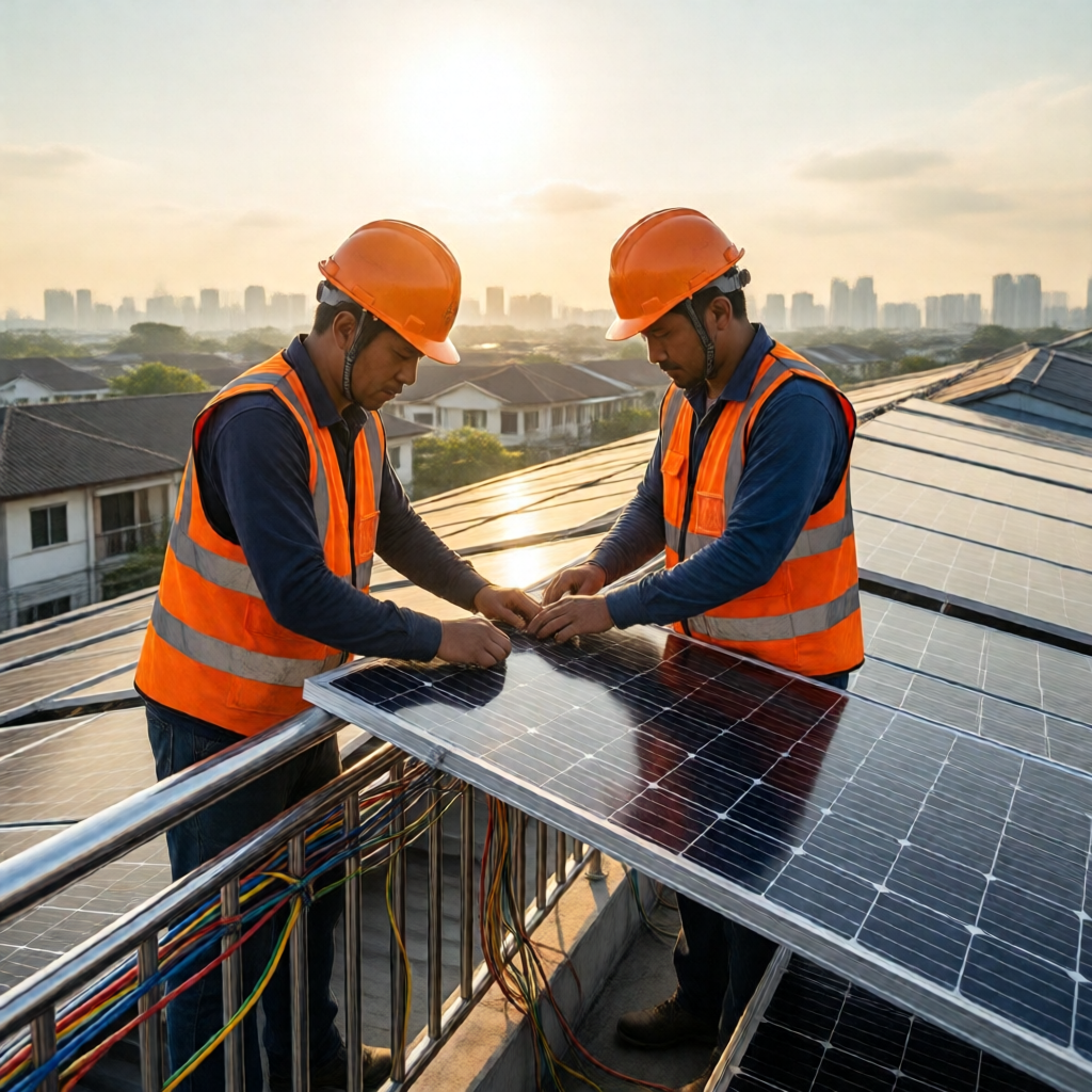 Two Filipino solar installers in bright orange hard hats and high-vis vests securing monocrystalline panels to a residen