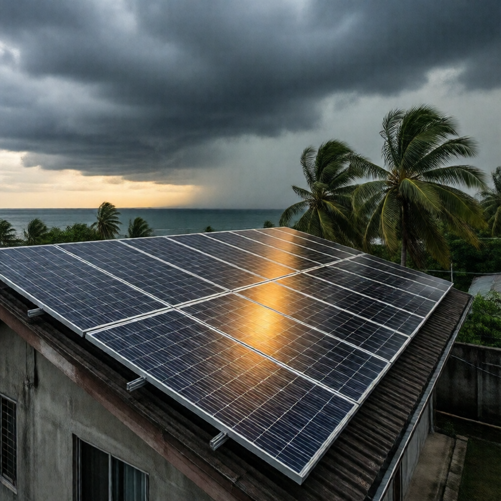 Wide-angle editorial photograph of gleaming monocrystalline solar panels covering a concrete Filipino home rooftop, dram