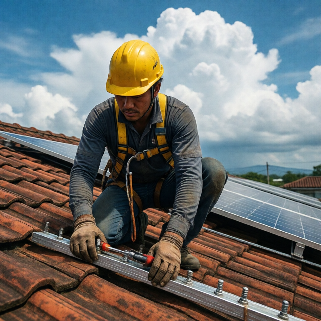 Eye-level editorial photograph of a Filipino solar technician in a yellow safety helmet and full harness kneeling on a r