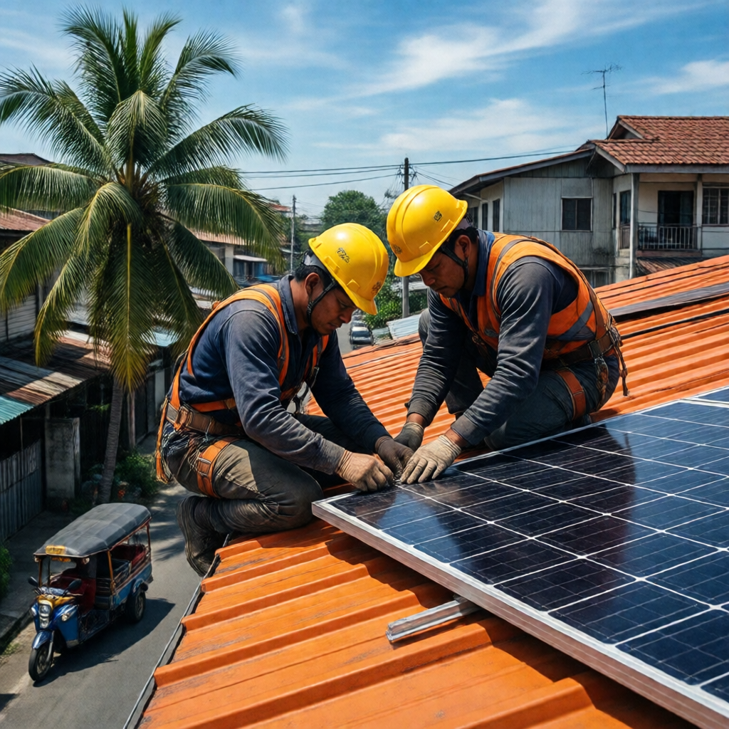 Two Filipino solar technicians in yellow hard hats and safety harnesses bolting monocrystalline panels to a bright orang