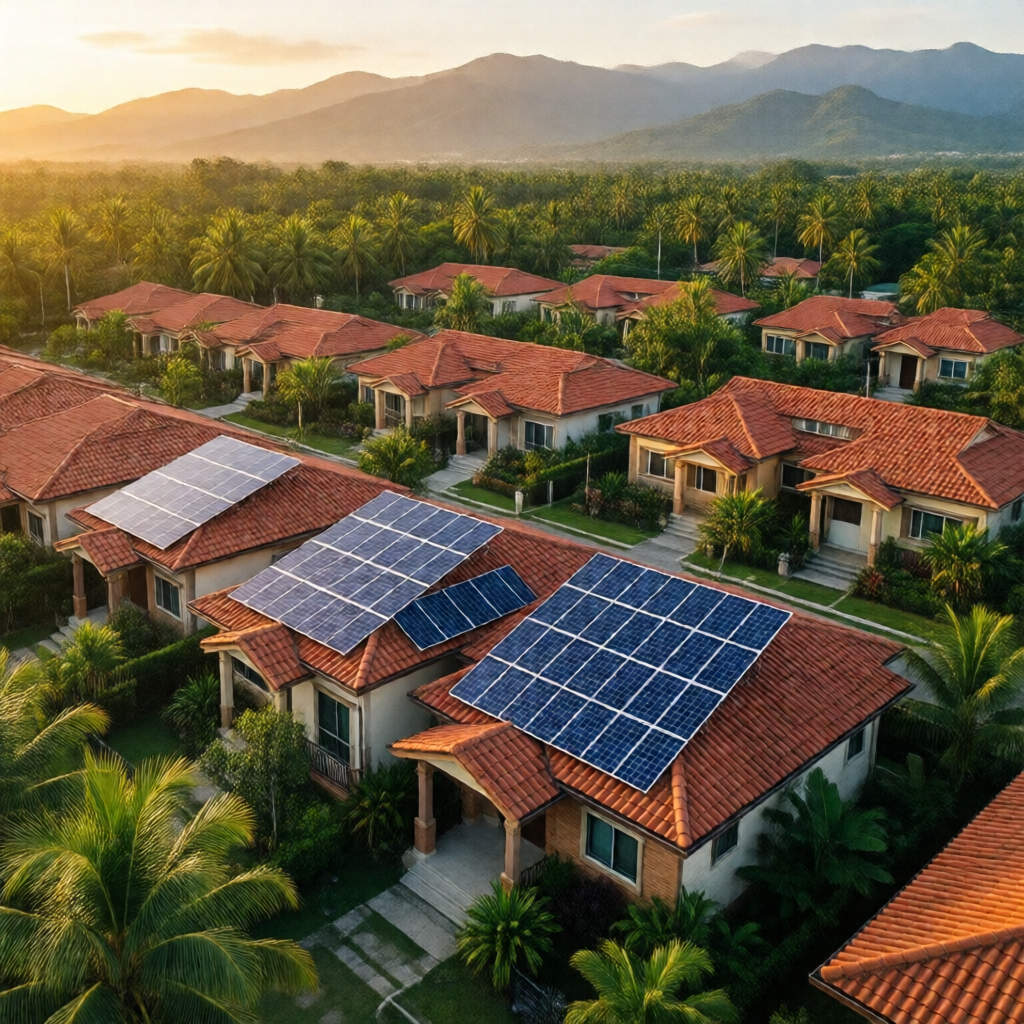 Wide-angle aerial shot of a Philippine suburban subdivision at golden hour β a dozen terracotta-roofed homes, three of t