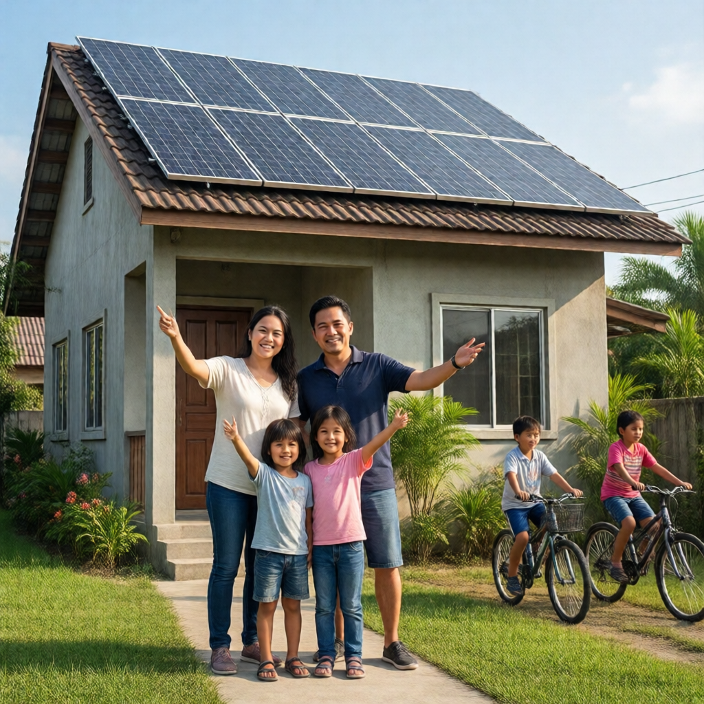 A beaming Filipino family of four β parents and two children β standing on their front steps on a bright Sunday morning,