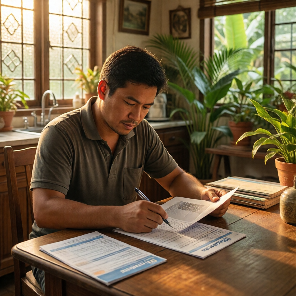 A Filipino homeowner sits at a sunlit kitchen table in a mid-century tropical home, studying a solar installation quote