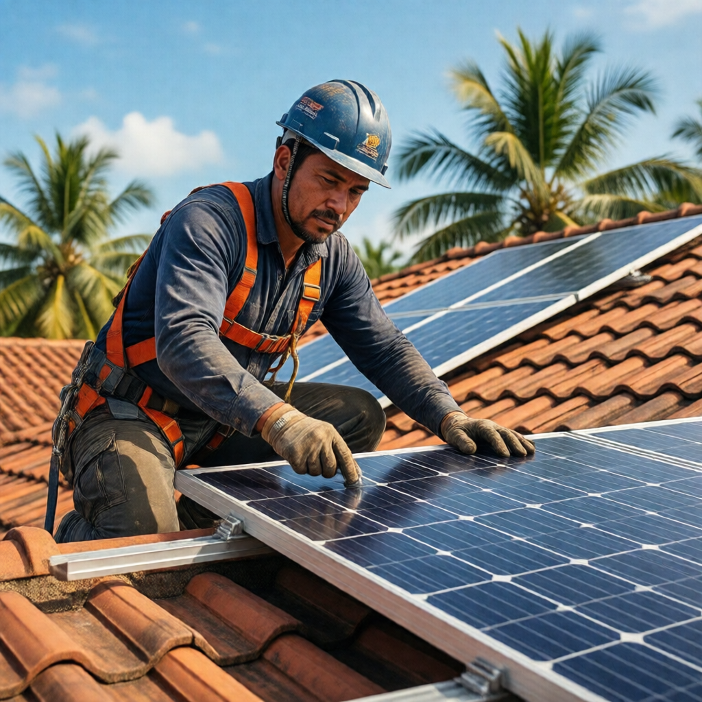 A confident solar technician in a branded hard hat and safety harness bolts a monocrystalline panel onto a pitched terra