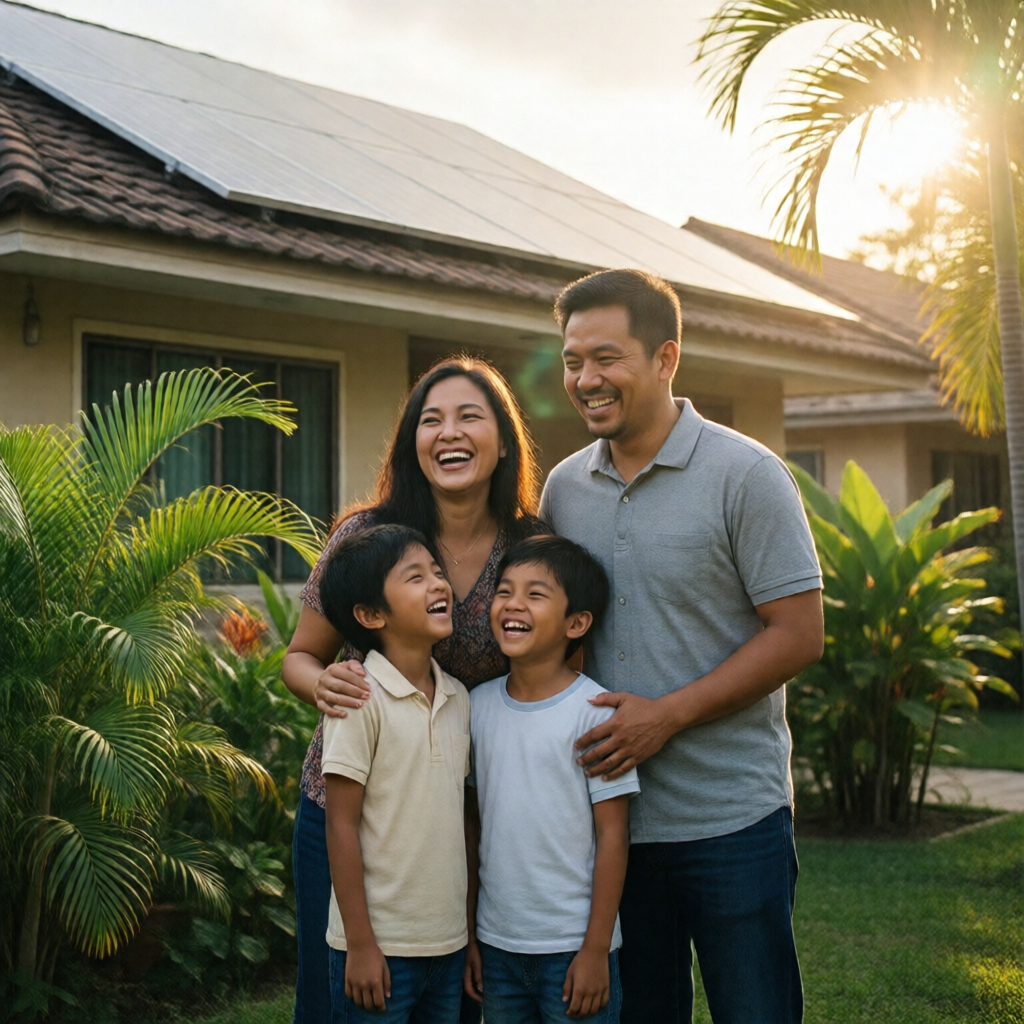 A Filipino family of four — parents and two children — stands laughing in the late-afternoon sun outside their subdivisi