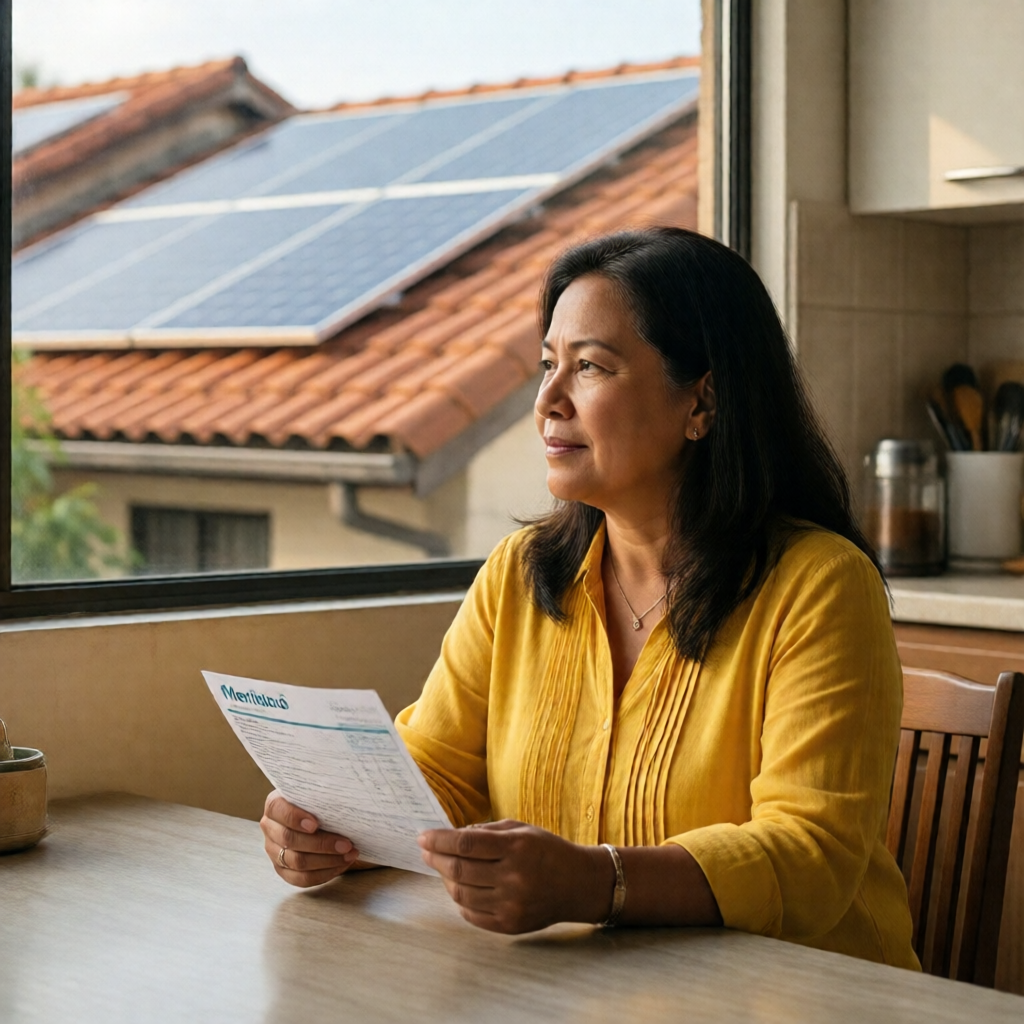 A middle-aged Filipina homeowner in a bright yellow blouse sits at a kitchen table in a sunlit Quezon City home, holding