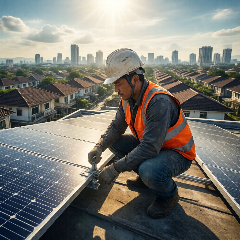 A young Filipino solar technician in a hard hat and orange safety vest crouches on a sun-drenched residential rooftop, t