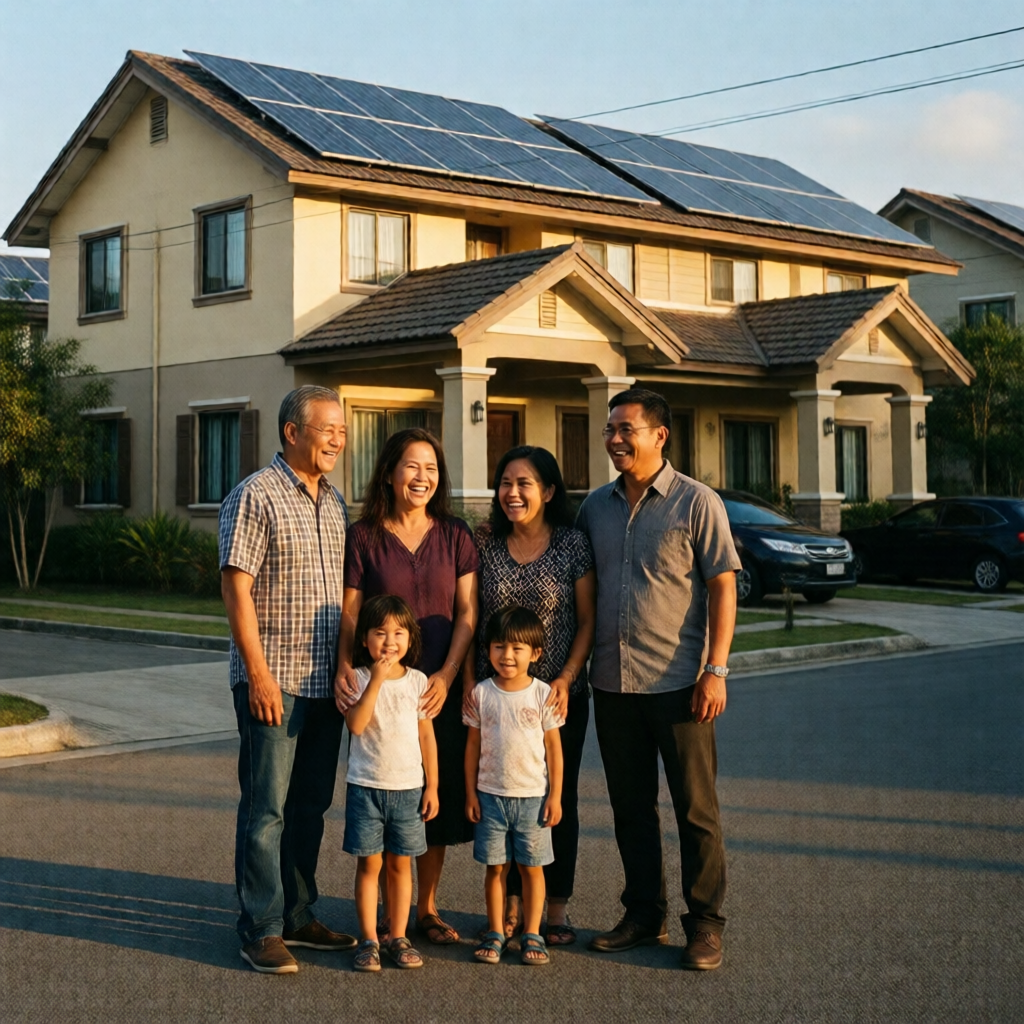 A multigenerational Filipino family β grandparents, parents, and two young children β stands laughing in front of a fres