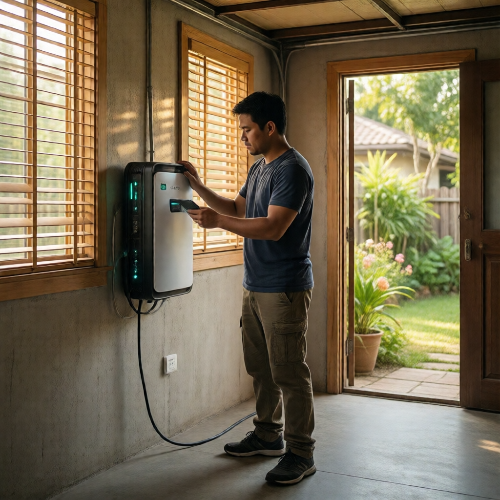 Wide editorial photograph: a Filipino homeowner in casual house clothes examines a wall-mounted LiFePO4 PowerWall unit i