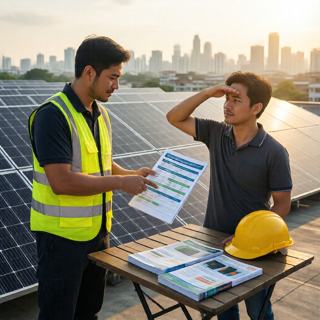 Sun-drenched rooftop scene: a solar installer in a yellow safety vest points to a laminated battery comparison sheet whi