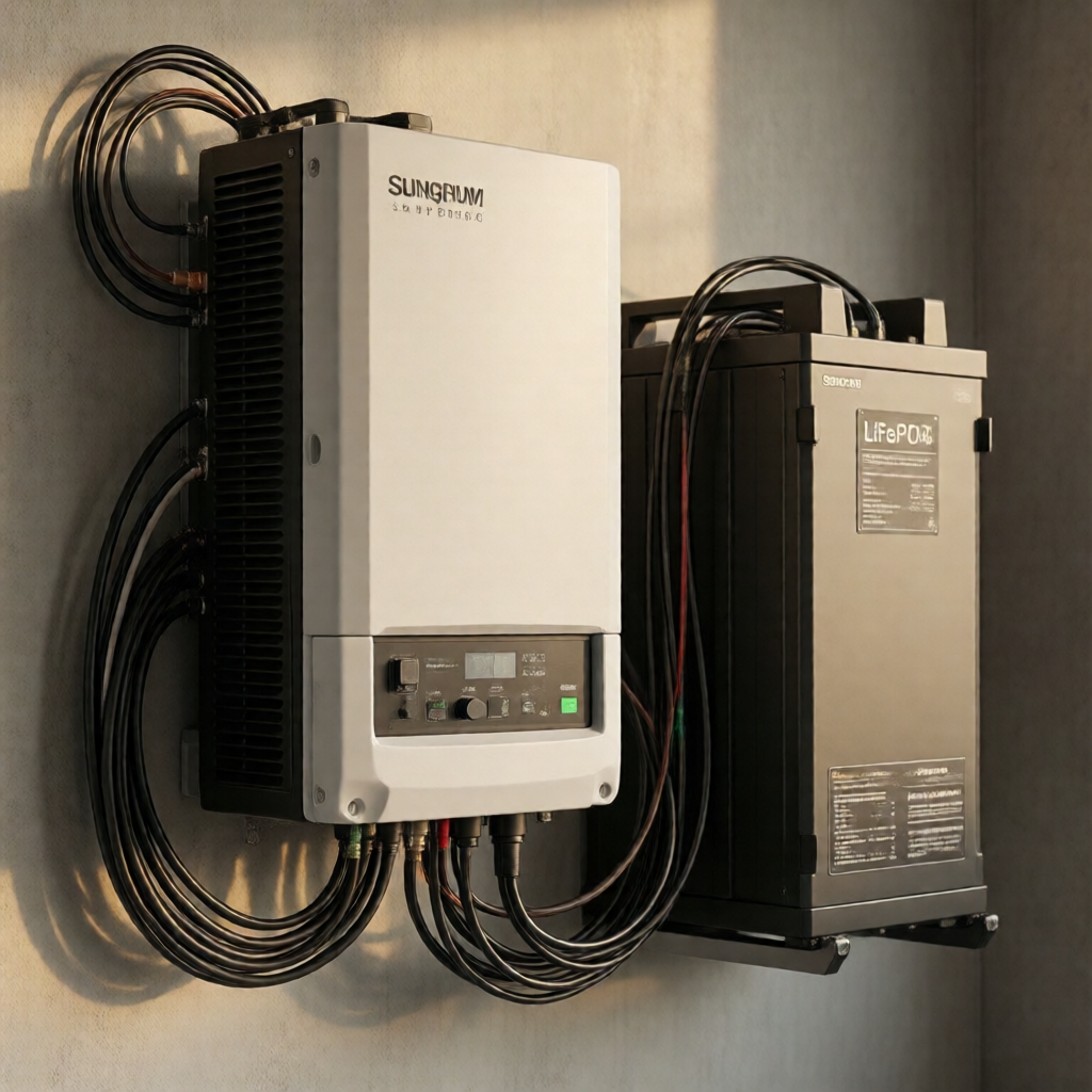 Tight editorial close-up: a Sungrow SH hybrid inverter in matte white, wall-mounted and cable-managed beside a LiFePO4 b