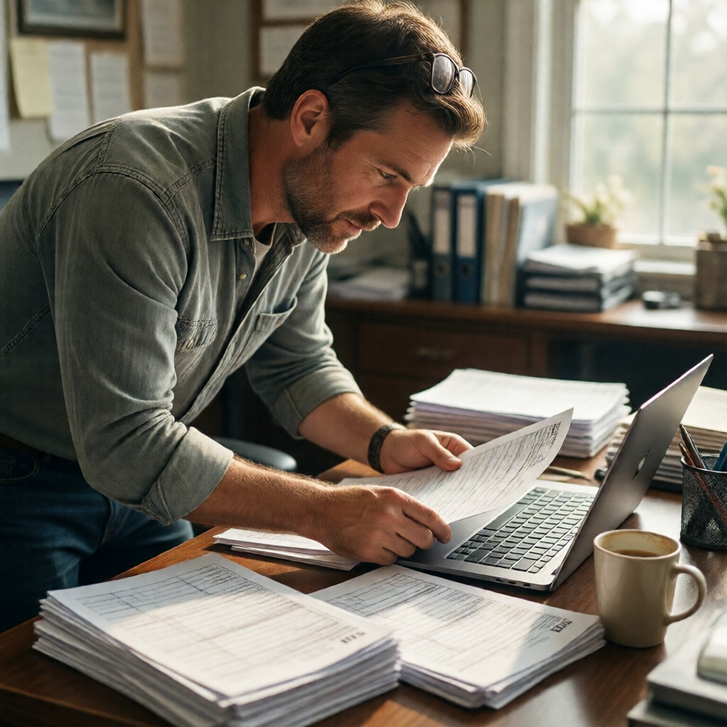 A mid-30s small-business owner — sleeves rolled, reading glasses pushed up — bent over a sunlit Ohio office desk reviewi