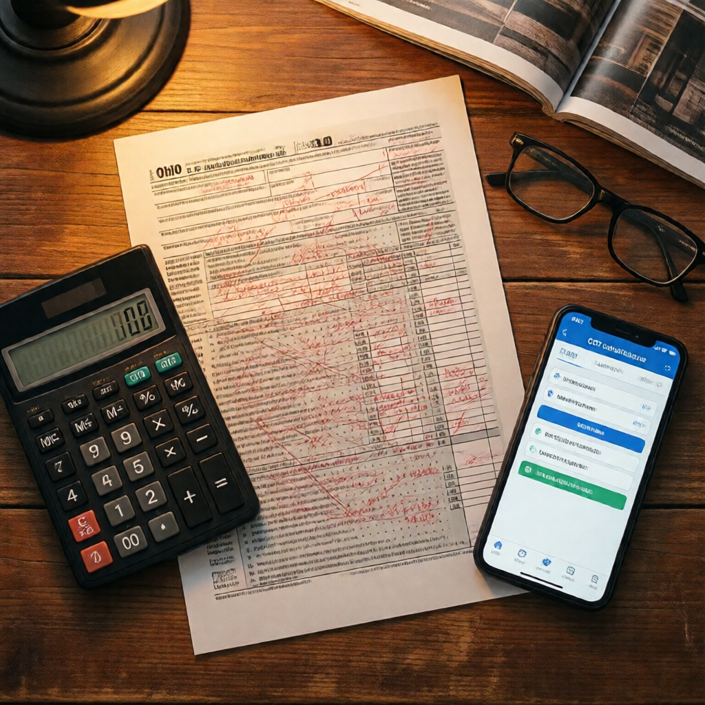Editorial overhead flat-lay of a purposeful desk — a printed Ohio tax bracket sheet annotated densely in red pen, a pock