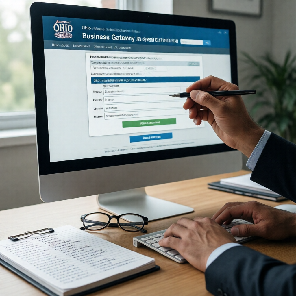Tight close-up of an employer's hands at a desktop monitor completing the Ohio Business Gateway registration screen — a