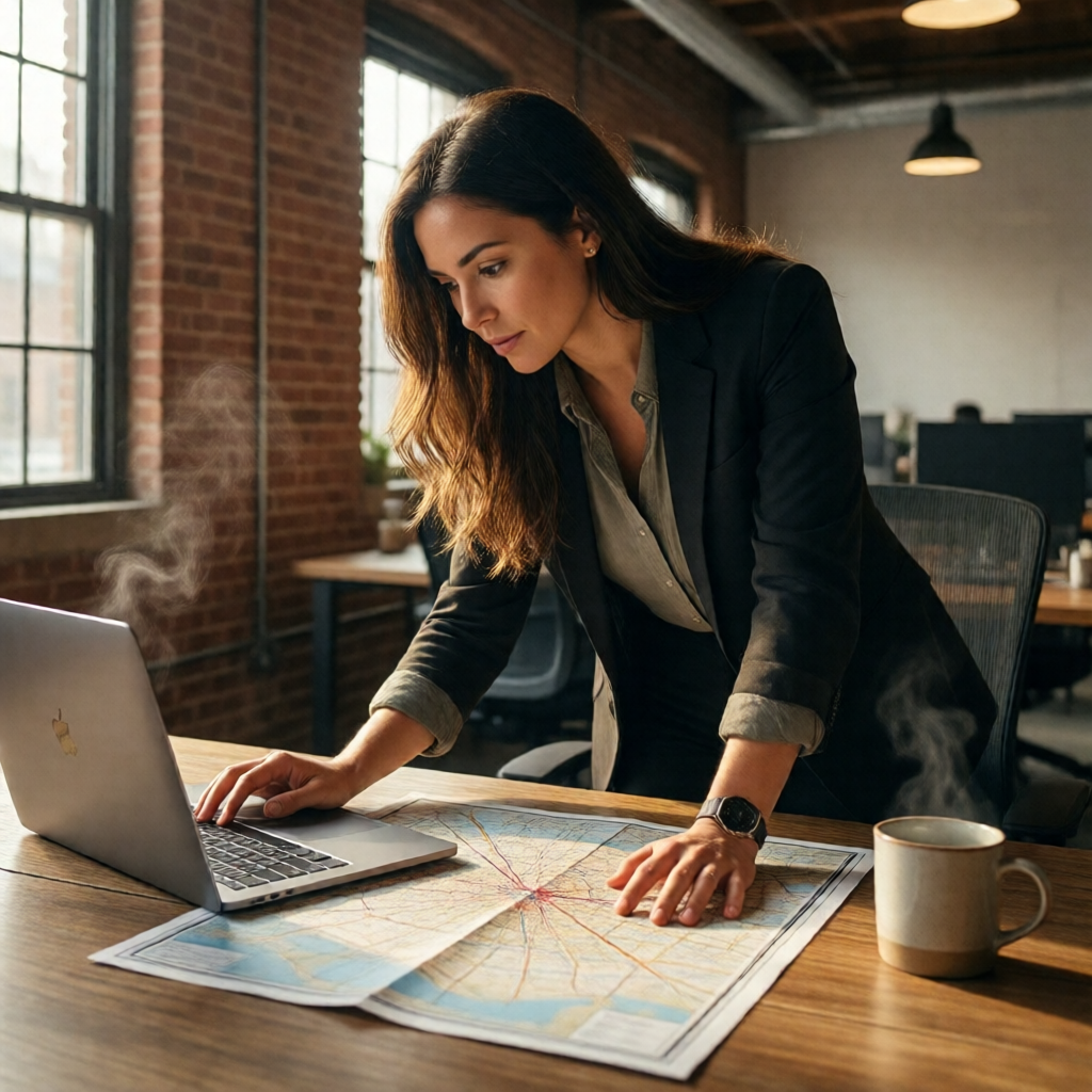 An independent business owner in a high-ceilinged Kansas City co-working space leans forward over an open laptop, finger
