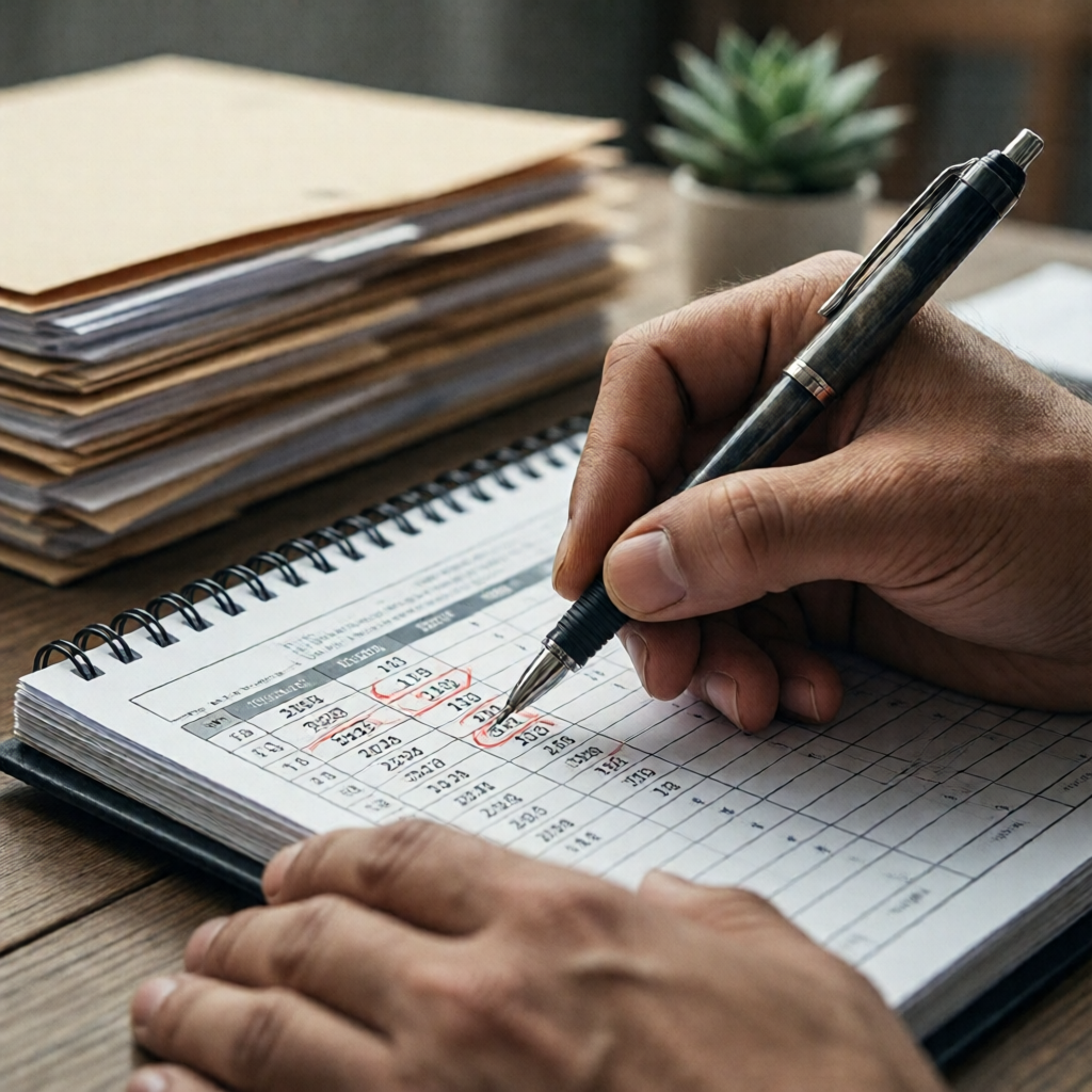 Close-up of weather-worn hands pressing a ballpoint pen to a spiral-bound payroll calendar, key dates circled in red ink