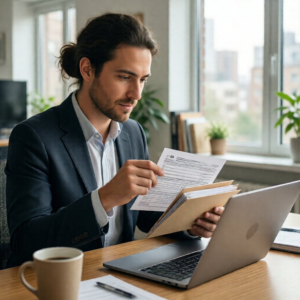 A focused employee scanning their laptop inbox for a W-2 notification at a bright modern home office, morning light thro