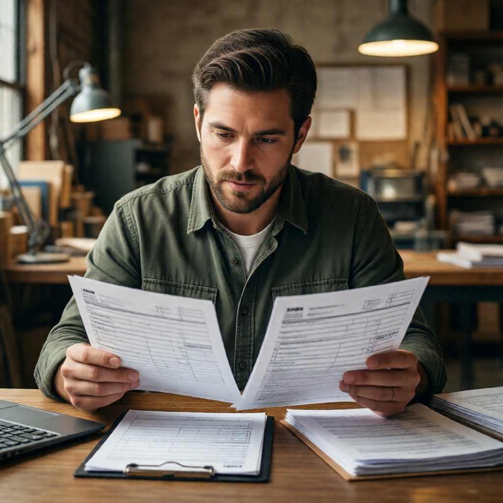 A small business owner and accountant seated at a table in a warm US workshop office, reviewing payroll documents and pr