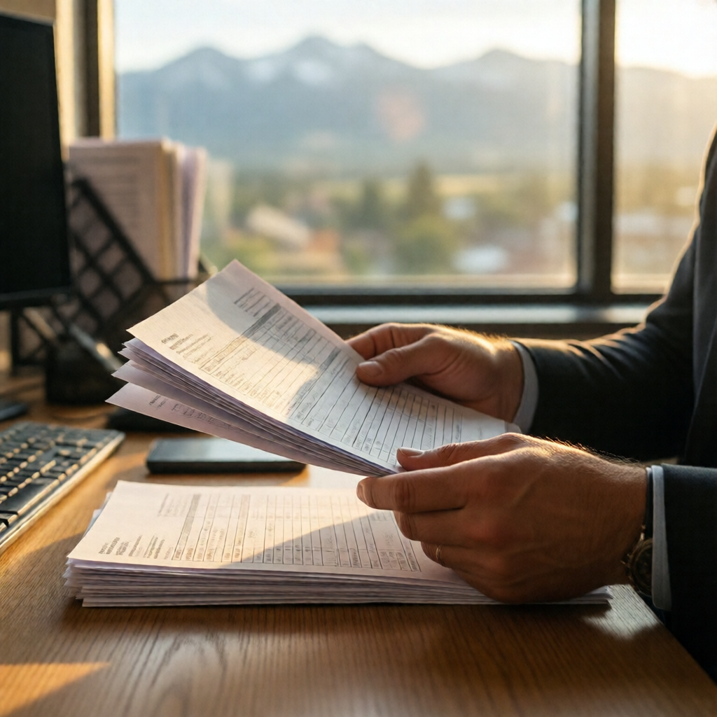 Editorial close-up of a small business owner's hands sorting payroll documents at a sunlit wooden desk in a Denver offic