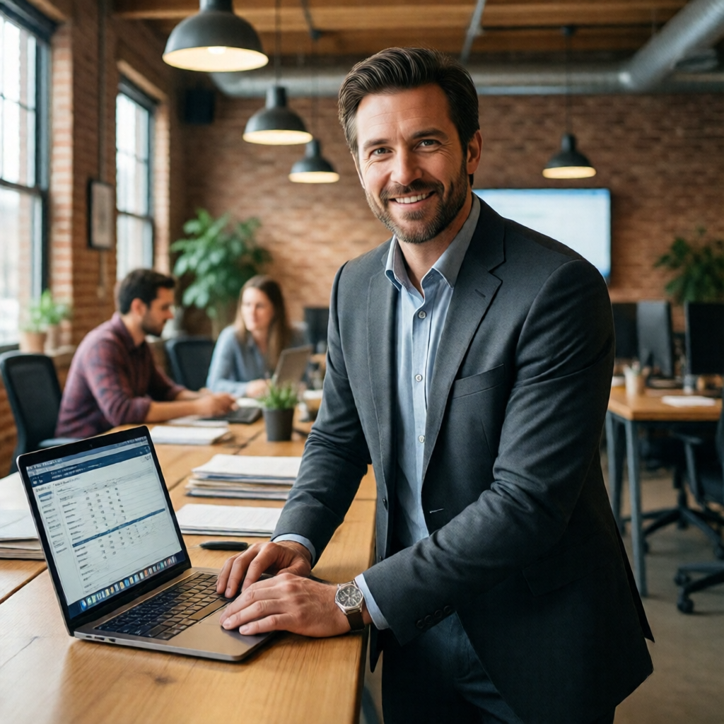 Wide-angle editorial shot of a confident small business owner at a standing desk in a bright Colorado co-working space,