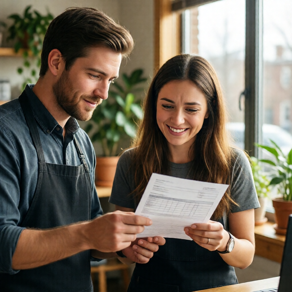 Over-the-shoulder editorial photograph of a small business owner and their employee reviewing a printed pay stub at a br