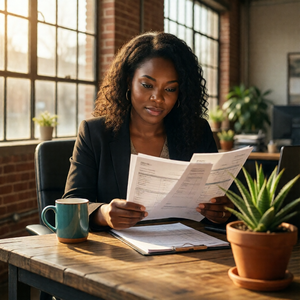 A Black woman small business owner seated at a reclaimed-wood desk in a sunlit Atlanta loft office, reviewing printed pa